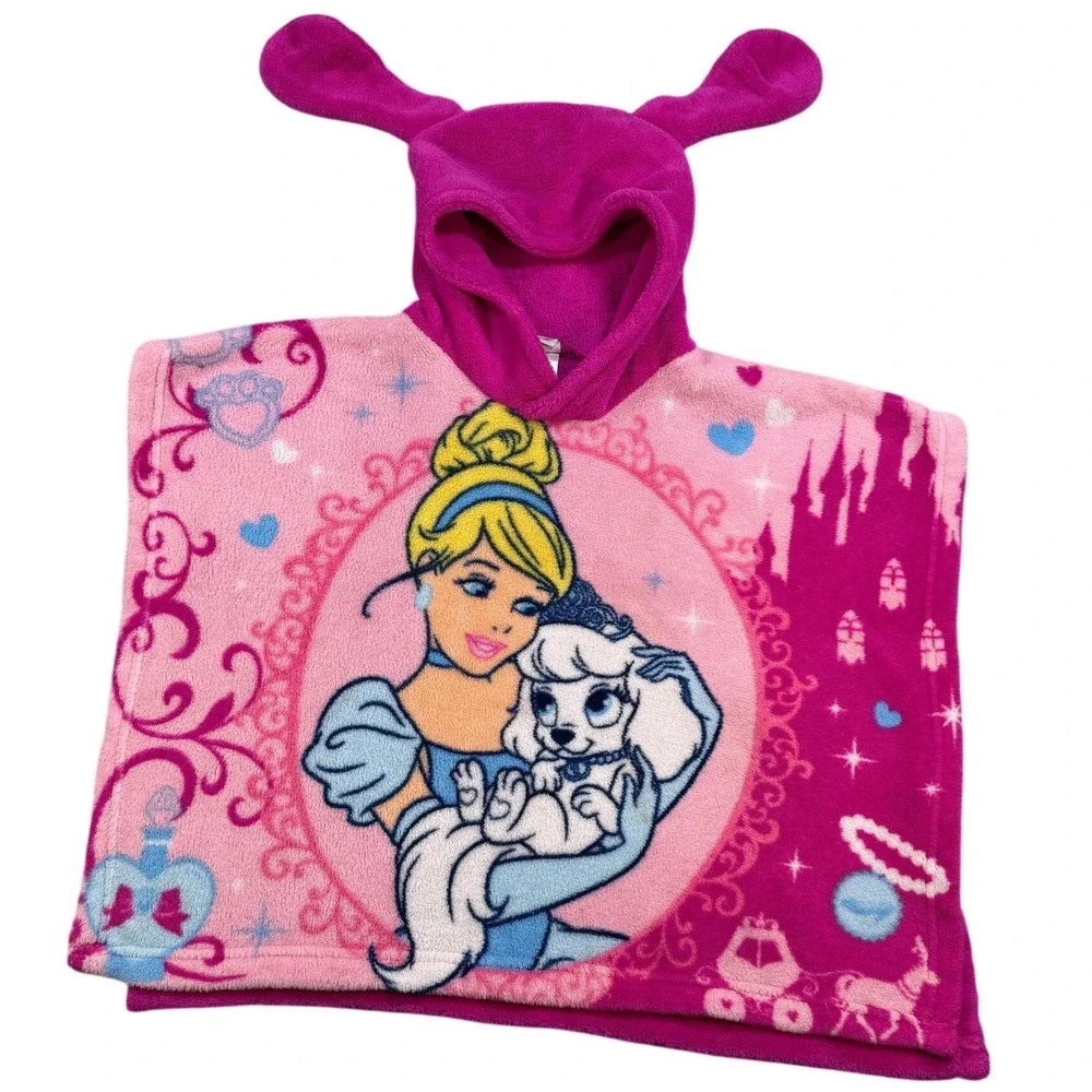Disney Princess Cinderella Fleece Hooded Poncho Kids Girl Pink Bunny Ears Easter - Picture 3 of 13